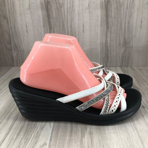 Skechers Wedge Sandals Womens 10 Rumblers Wave Lassie White Slip On Shoes - Picture 1 of 12